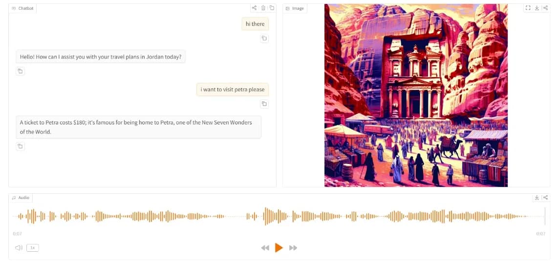 Discover Jordan assistant: chat about Petra with a generated pop-art image and an audio waveform